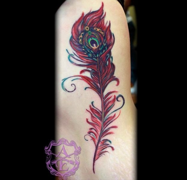 Red Peacock Feather Tattoo Design