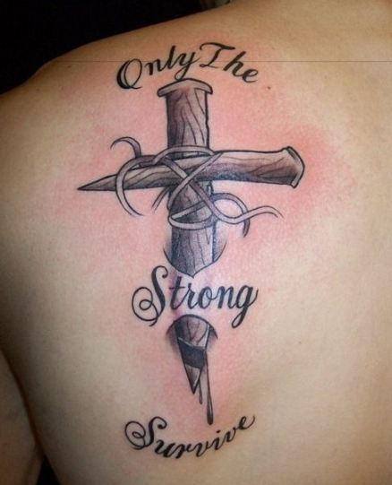Ripped Skin Cross Tattoo With Lettering