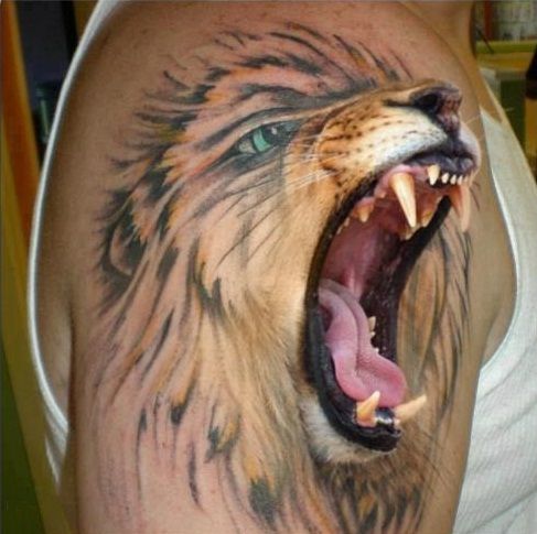 Roaring 3d Lion Tattoo On Shoulder