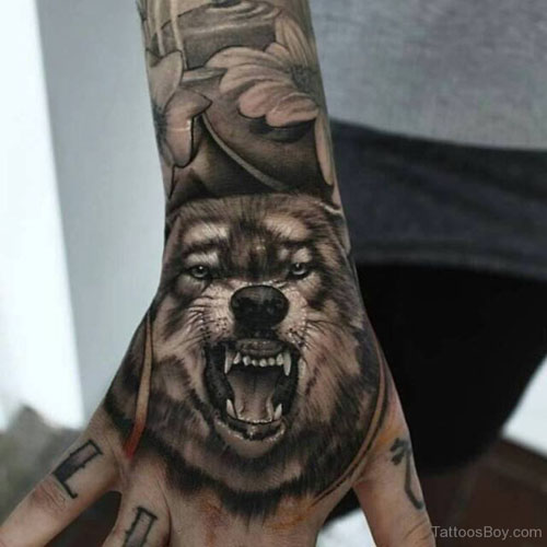 Roaring Wolf Tattoo On hand And Arm