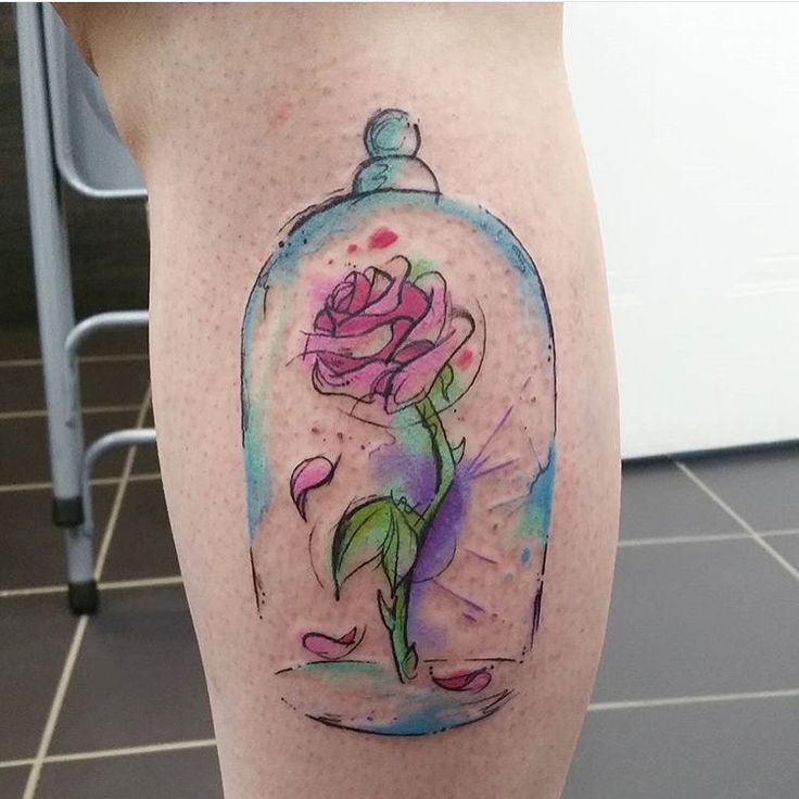 Rose Flower In Cage Watercolor Tattoo On Leg Calf