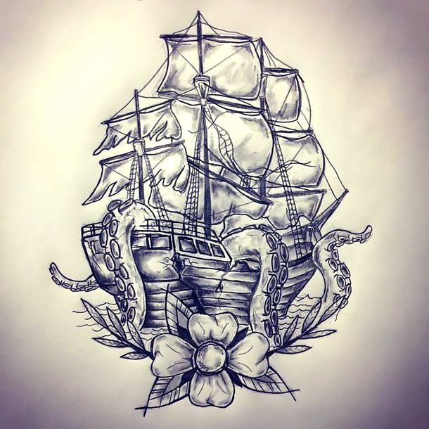 Sailor Ship And Octopus Nautical Tattoo Design