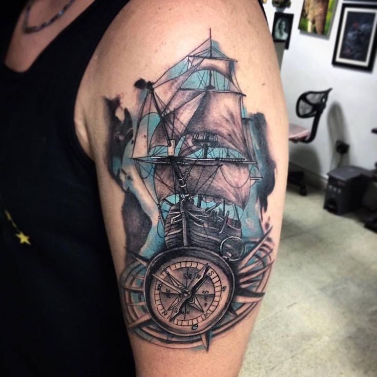 Sailor Ship And compass Nautical Tattoo On Left half Sleeve
