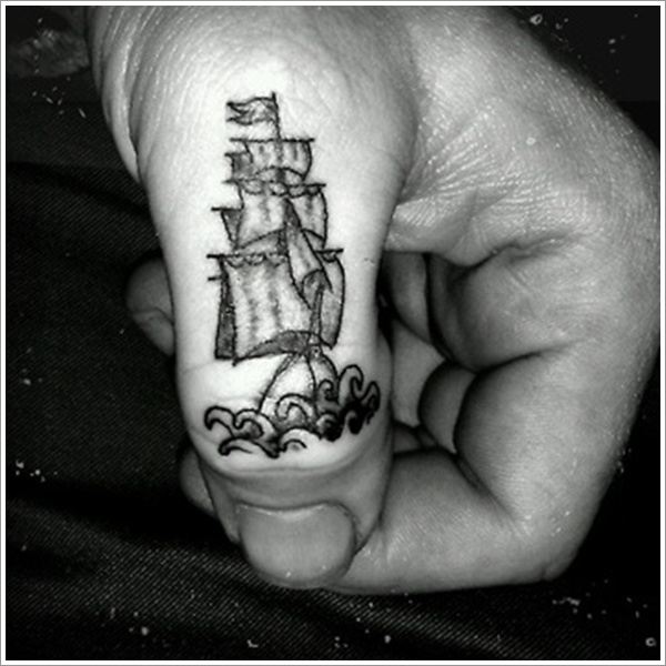 Sailor Ship In waves Nautical Tattoo On Thumb