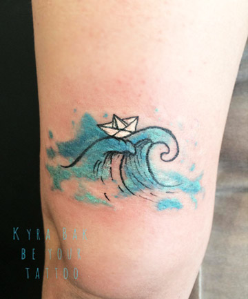 Sea Wave With Paper Boat Watercolor Tattoo
