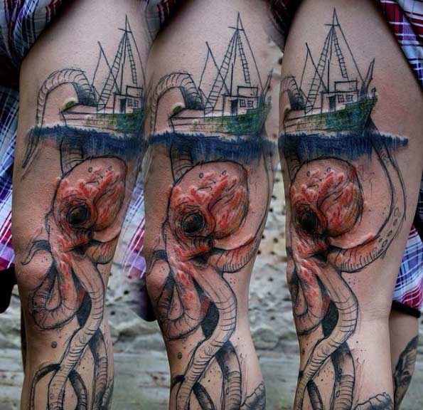 Ship And Octopus Tattoo On Thigh