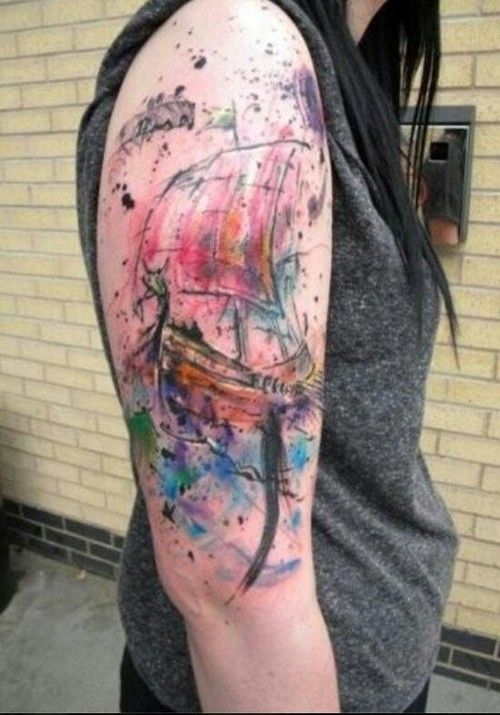 Ship In Water Watercolor Tattoo On Upper Arm