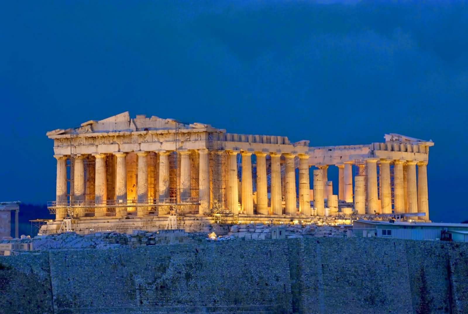 Side View Of The Parthenon Lit Up At Night
