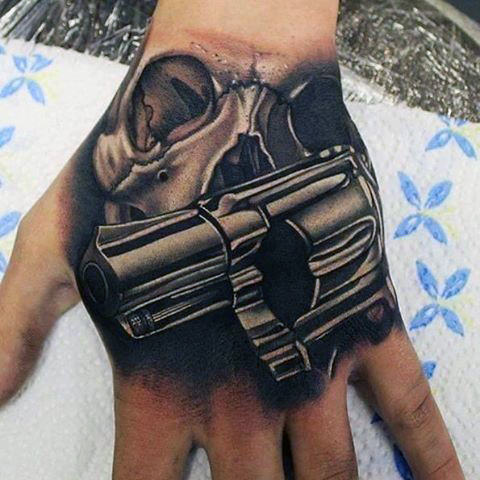 Skull And Gun 3D Tattoos On hand