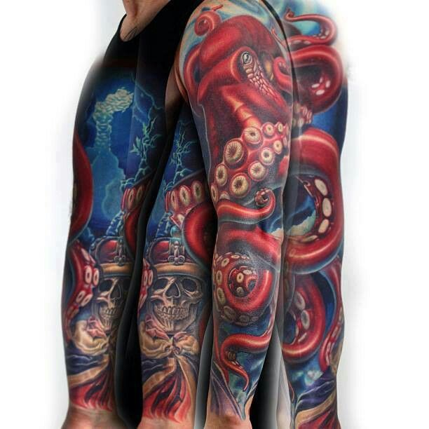 Skull And Octopus Tattoo On Full Sleeve