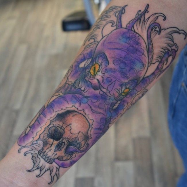 Skull And Purple Octopus Tattoo Tattoo On Forearm