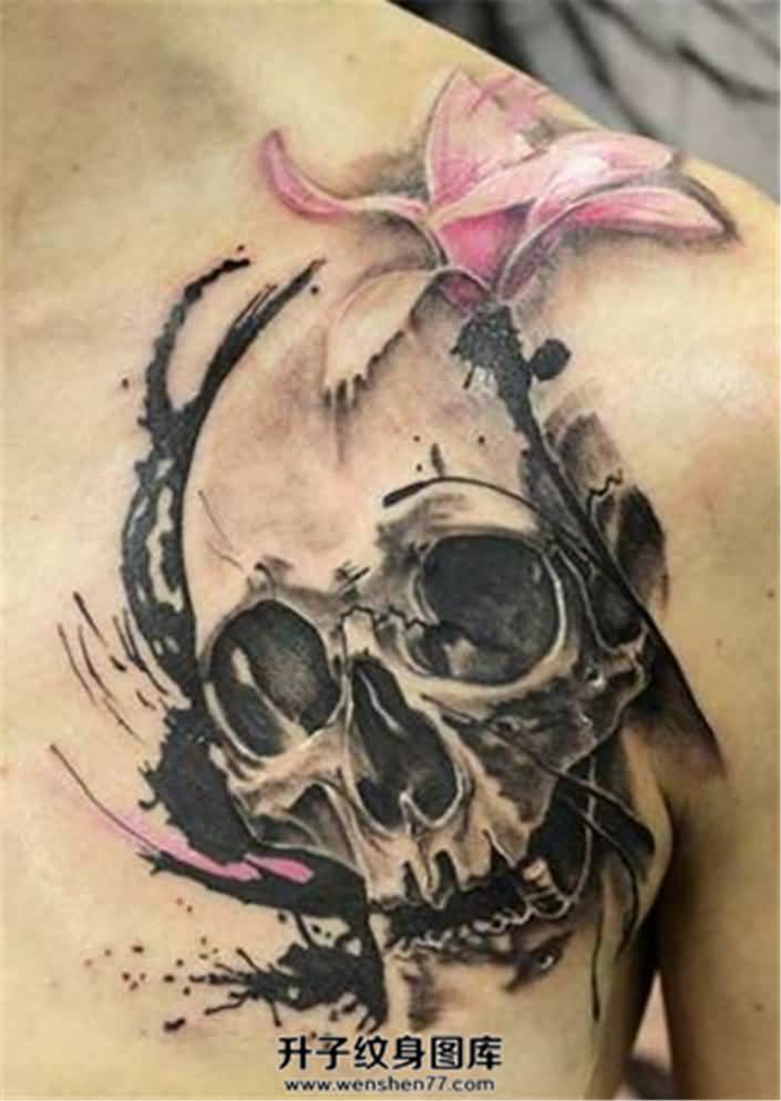 Skull With Pink Flower Tattoo On Chest