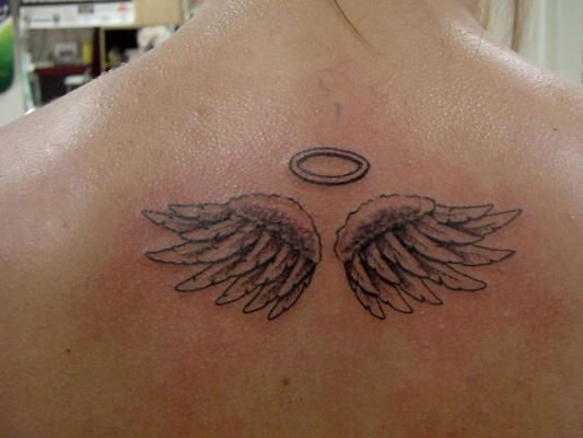 Small Angel Wings With Halo Tattoo