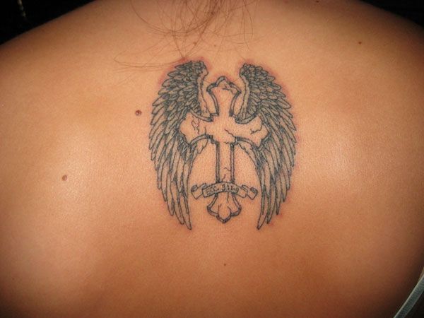 Small Angel Wings With Cross Tattoo On Back