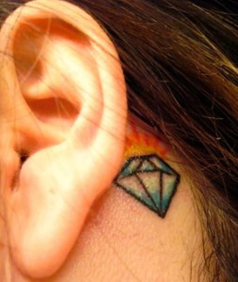 Small Blue Diamond Tattoo Behind The Ear