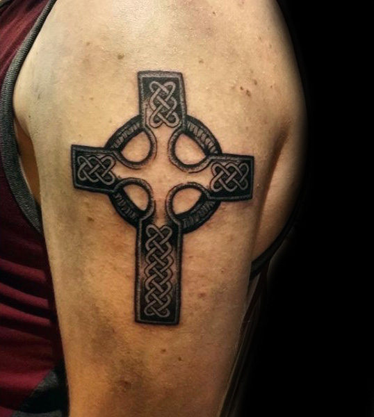 Small Celtic Cross Tattoo On Upper Arm