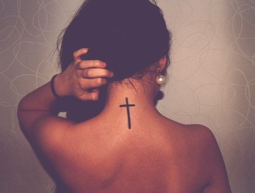 Small Cross Tattoo On Girls Back Neck