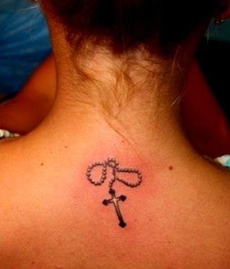 Small Rosary Cross Tattoo On Girls back