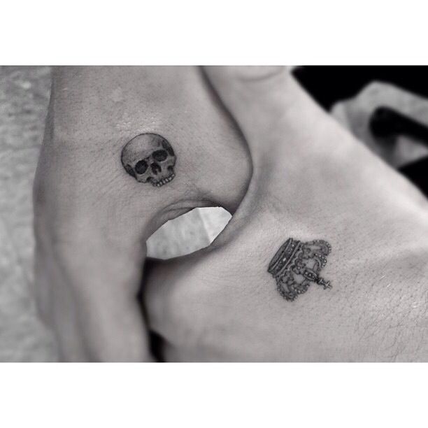 Small crown And Skull Tattoo On Hands
