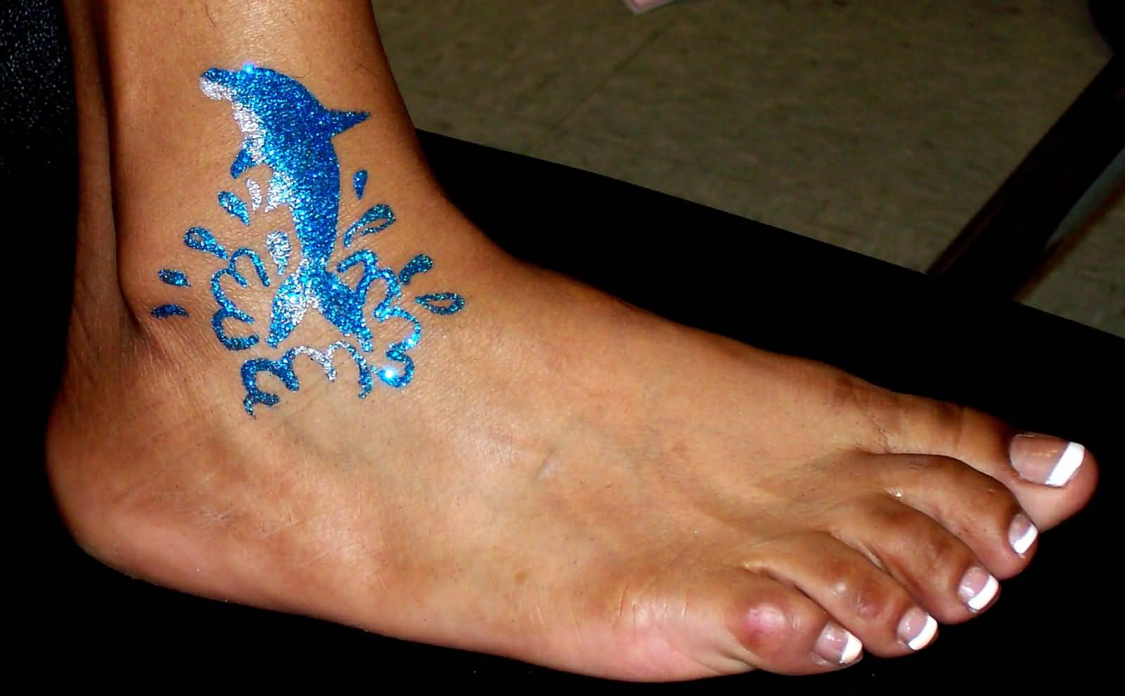 Sparkle Blue Dolphin Tattoo On Ankle