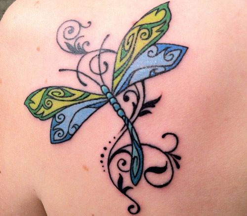 Stunning Colorful Dragonfly Tattoo On Back Shoulder