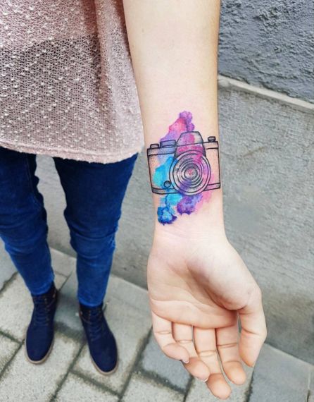 Stunning Watercolor Camera Tattoo on Wrist