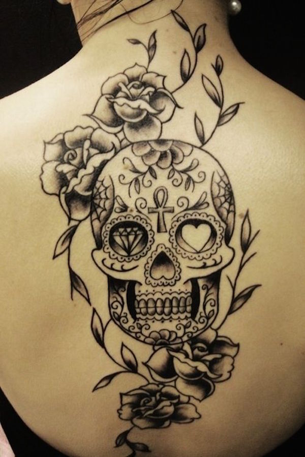 Sugar Skull And Flowers Tattoo On back
