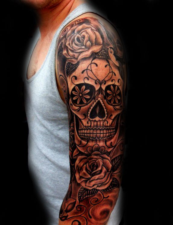 Sugar Skull And rose Flower Tattoo On Full Sleeve