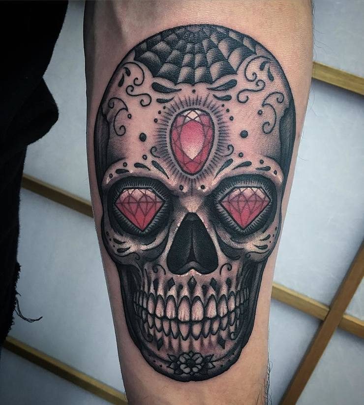Sugar Skull With Diamonds Tattoo On Leg