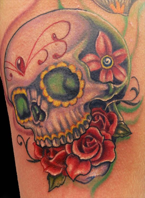 Sugar Skull With Roses In Mouth tattoo Design