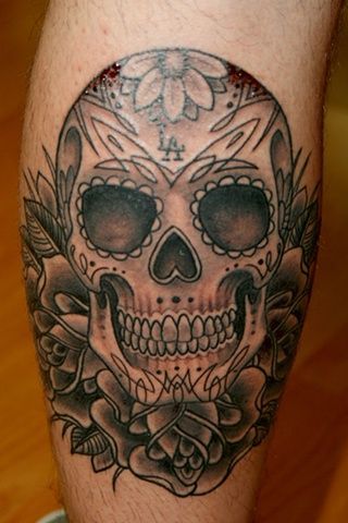 Sugar skull With Flowers Tattoo On Leg Calf