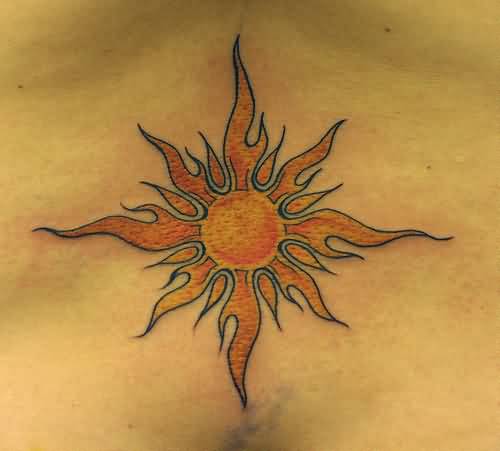 Sun Tattoo With Flames Design