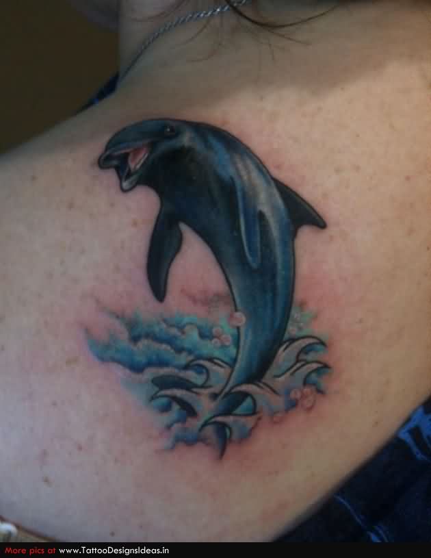 Superb Jumping Dolphin Tattoo On Back shouler