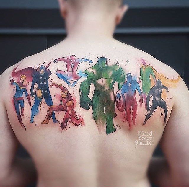 Superheroes Watercolor tattoo On back