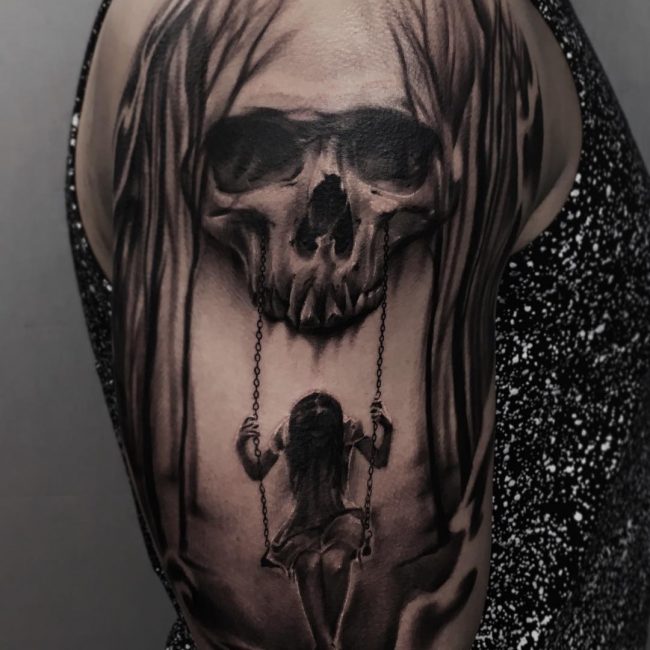 Swinging Girl And Skull Tattoo On Half Sleeve