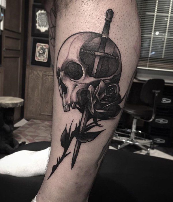 Sword And Skull with Rose Flower Tatttoo On Leg
