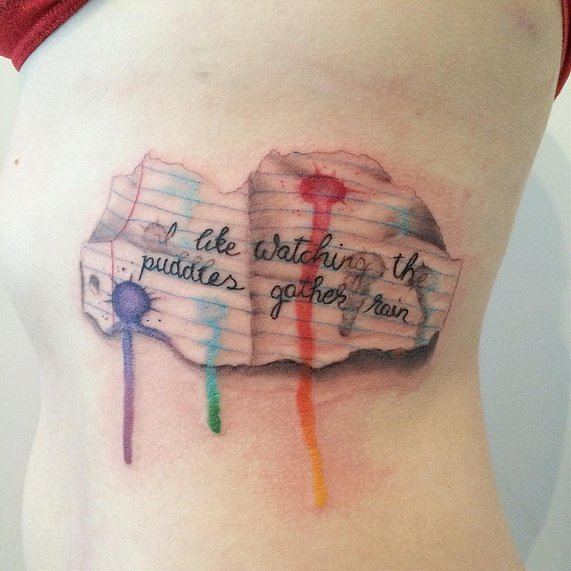 Text Written On Paper Watercolor Tattoo On Side Rib Cage