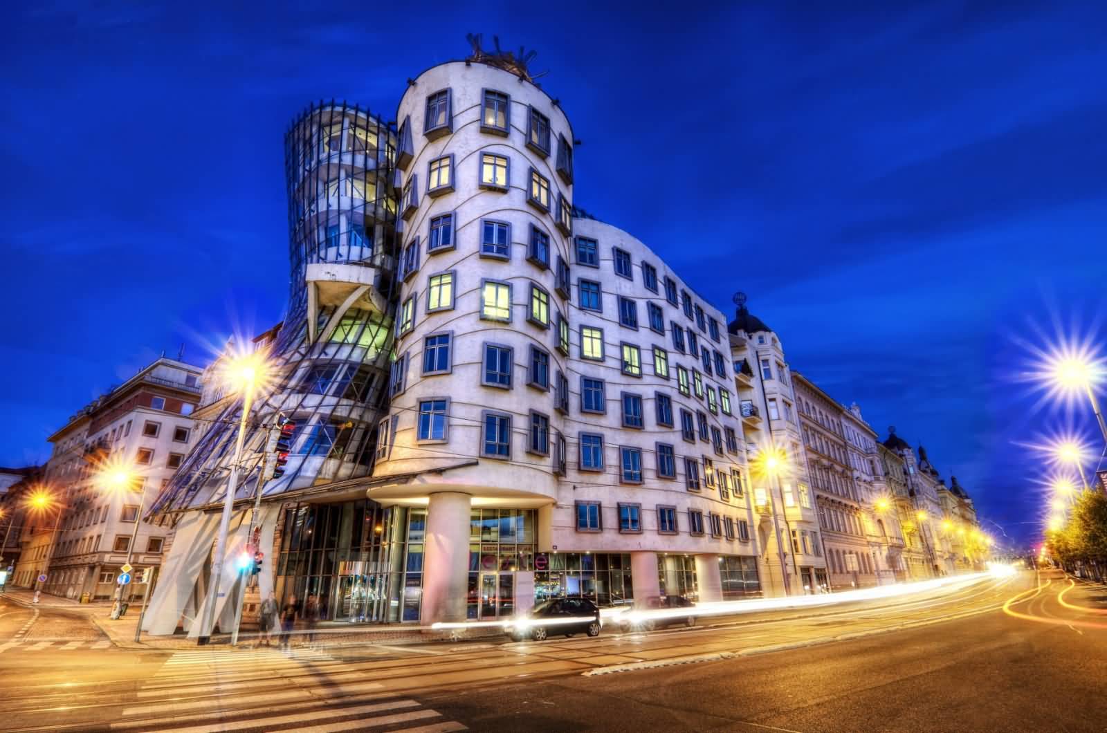 The Dancing House At Dusk With Traffic Lights