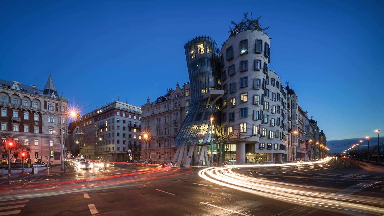 The Dancing House At Night With Motion Lights