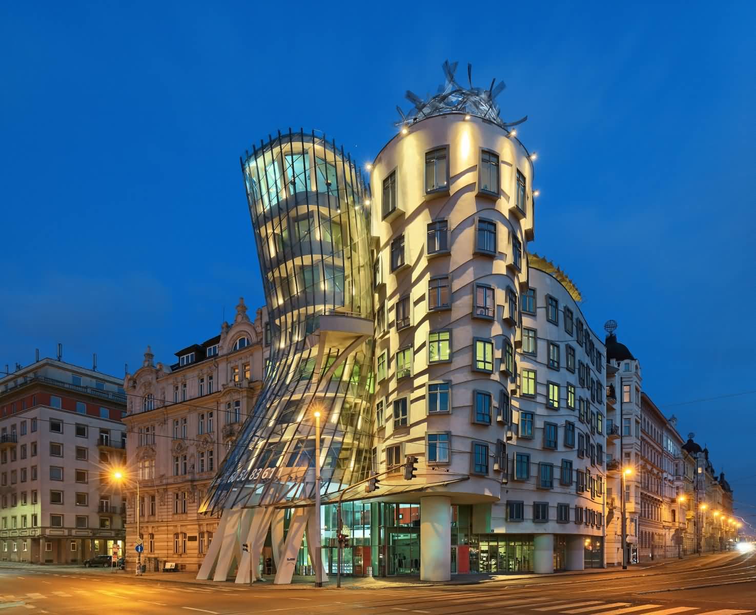The Dancing House Lit Up At Night
