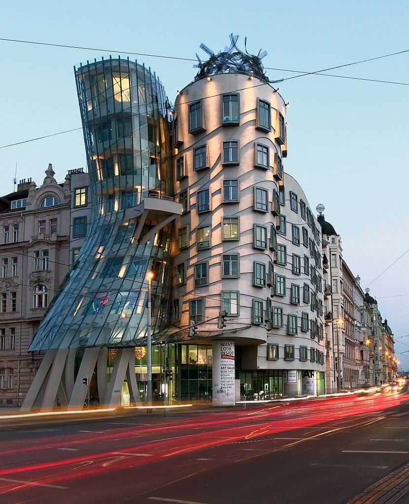 The Ginger And Fred Dancing House at Dusk