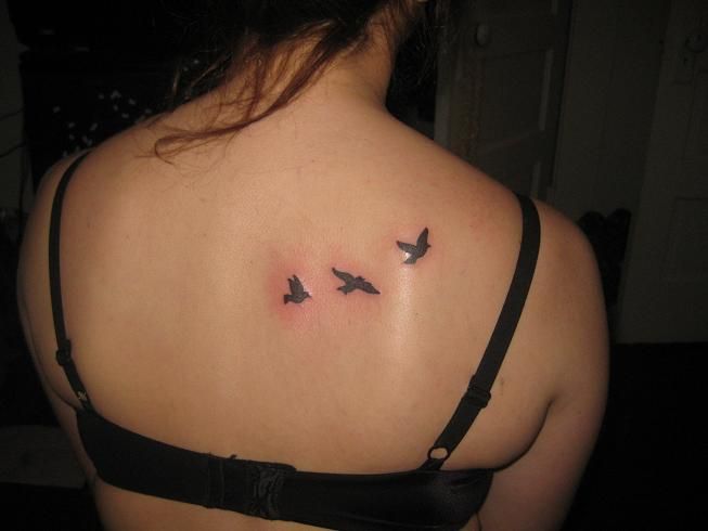 Three Black Birds Tattoo On Girls back