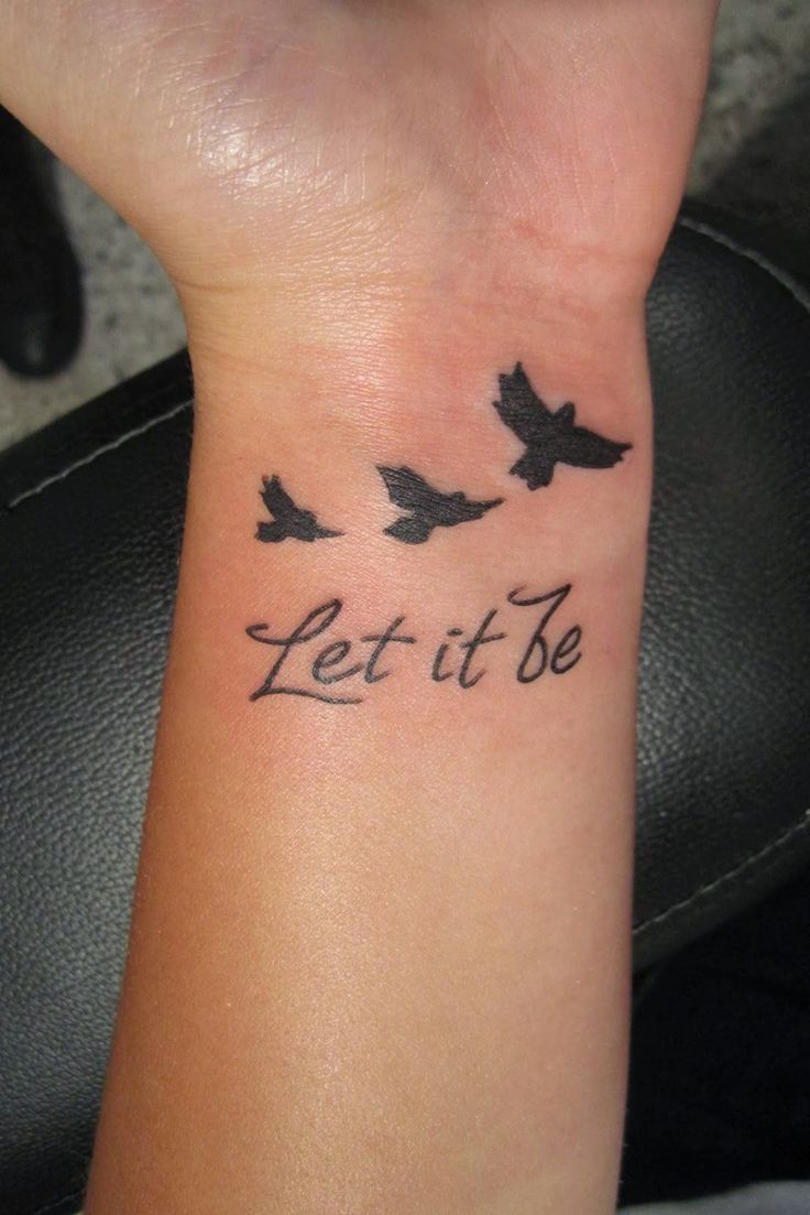 Three Flying Birds With Let It Be Be Text Tattoo