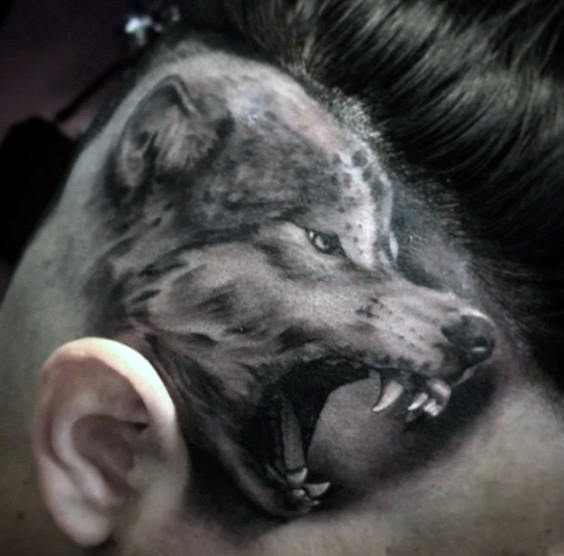 Traditional Wolf Tattoo For Men behind ear