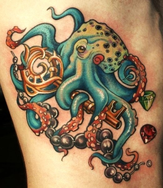 Treasure Key holding Octopus Colorful Nautical Tattoo