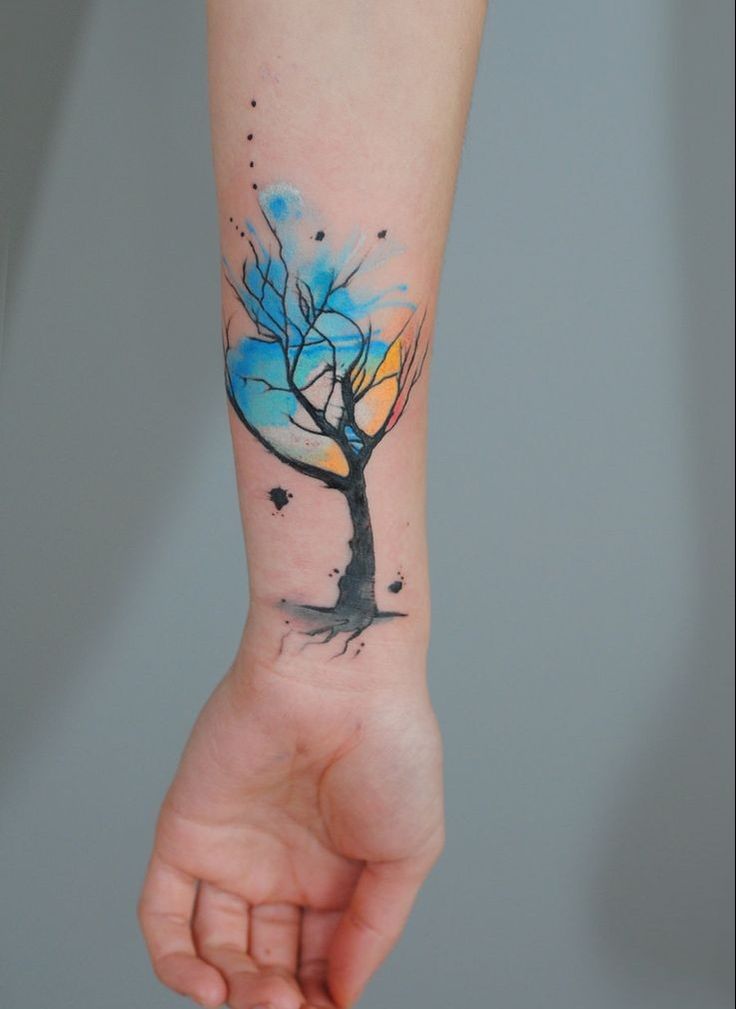 Tree Watercolor Tattoo On Forearm