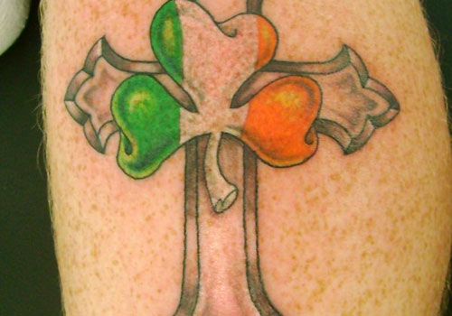 Tri Color Shamrock And Cross Tattoo