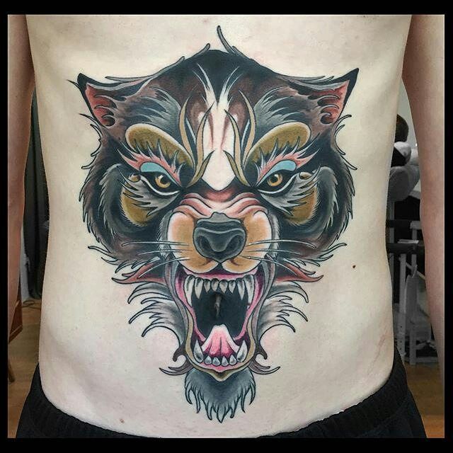 Tribal Lone Wolf Tattoo On Stomach