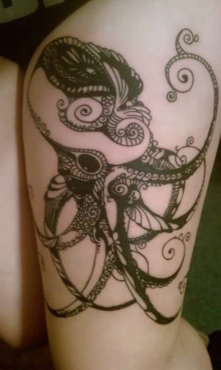 Tribal Octopus Tattoo On Thigh
