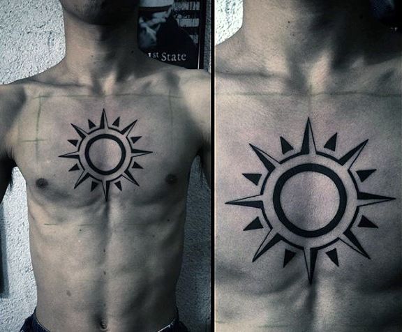 Tribal Sun Tattoo On men’s Chest